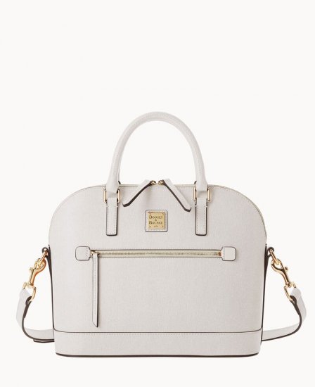 Dooney Saffiano Domed Zip Satchel Ecru ID-qGBGmd27 - Click Image to Close